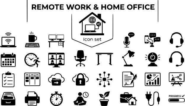 Remote Work Home Office Icon Set Video Calls Desk Setup Work From Home Digital Workspace Productivity Tools Vector Illustration