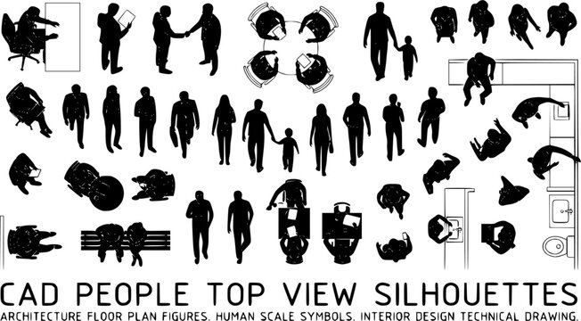 Top view of architectural people vector silhouettes for landscape and architectural designs, white background
