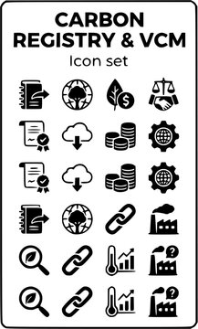 Carbon Registry VCM Icon Set REDD Voluntary Carbon Market Credits Climate Finance Offset Verification Emissions Trading Vector Illustration