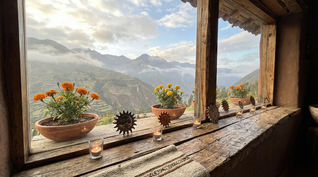 Cozy Mountain Window Scene Inti Raymi Festival Decorations. Wide view of rustic wooden windowsill adorned with marigolds, sun ornaments., candles, natural light with Andean mountains visible beyond
