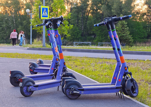 These are electric scooters from the Urent kick-sharing service: Abakan, Russia - June 10, 2026