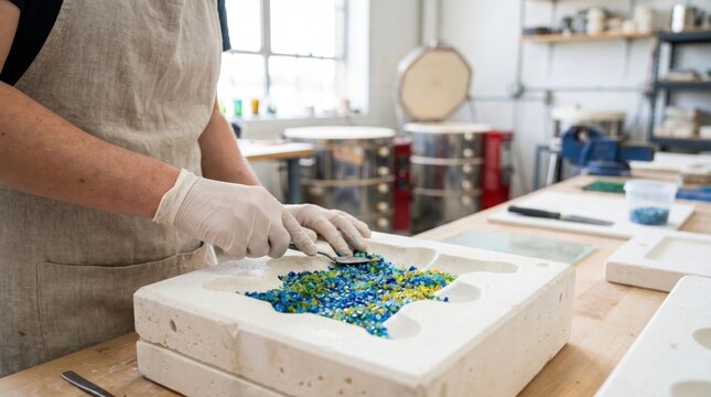 Glass artist wearing gloves using a spoon to arrange colorful glass frit inside a white ceramic casting mold