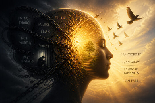 Female silhouette transforming from darkness to light in mindscape