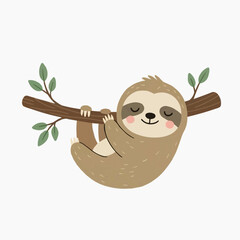 Fototapeta premium Cute illustration of a sloth hanging from a branch, sleeping peacefully.