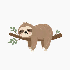 Fototapeta premium Cute cartoon sloth sleeping on a tree branch