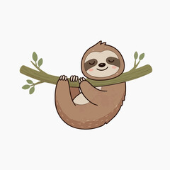 Fototapeta premium A cute cartoon sloth hanging on a branch with closed eyes and a smile.jpg
