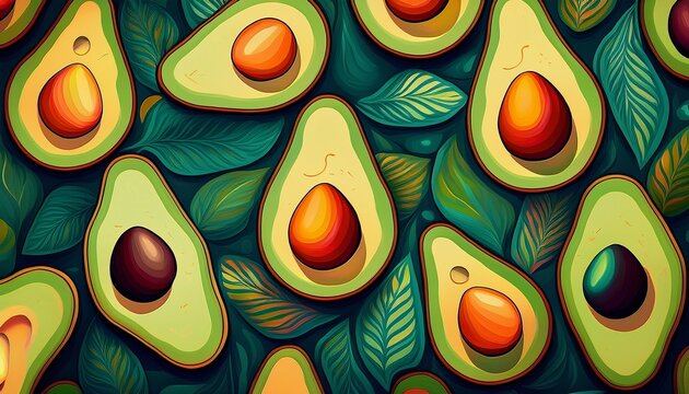 vibrant and abstract avocado pattern with fresh and colorful sliced avocados perfect for banners and wallpapers trendy exotic touch to any design ideal for diet vegan or healthy lifestyles