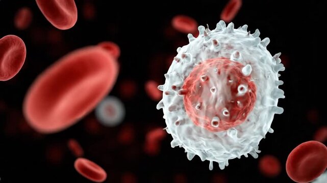 Microscopic 3D render of a white blood cell and red blood cells. Suitable for medicine, science, education, biology, and healthcare.