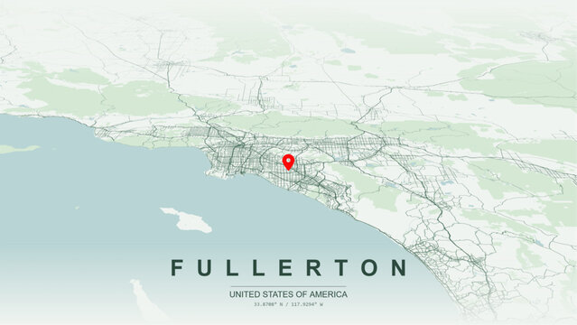 Modern minimalist vector map of Fullerton, California, USA. High-quality scalable illustration of Fullerton city grid, Riverside Freeway SR 91, Orange Freeway SR 57 for posters design.