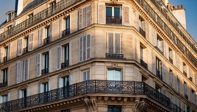close up of parisian architecture featuring ornate balconies and windows in france this european city building showcases intricate ironwork railings and classic shutters perfect for travel and touris