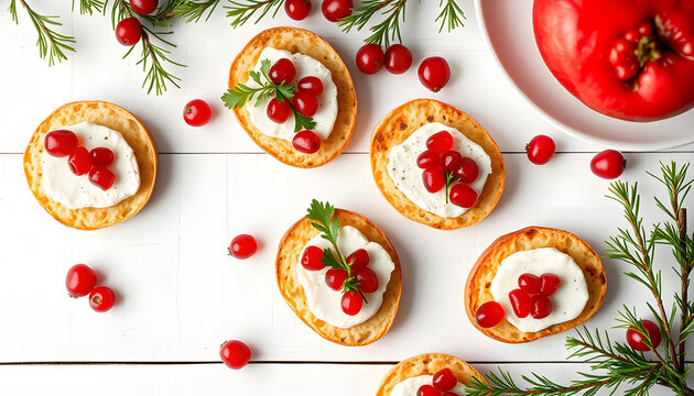 Holiday crostini appetizers with brie cheese, pomegranates and parsley. Above view table scene against a white wood background with copy space. Party food concept, Side lit. White tone