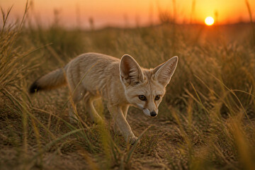 Fototapeta premium Fennec fox walking through dune grass at sunset in arid landscape
