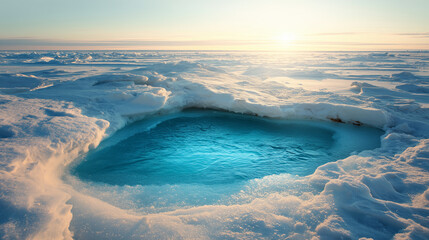 Naklejka premium Blue Meltwater Pool In Arctic Ice At Dawn, Frozen Ocean Landscape, Global Warming And Environmental Change Concept, Premium Realistic environmental change, ice melting, climate crisis, melting sea ice