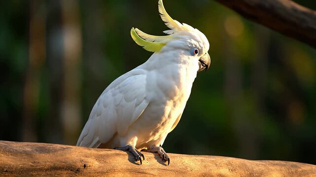 Captivating White Cockatoo Turning Its Head Swiftly In Response To A Sound While Perched In A Vibrant Lush Forest Setting