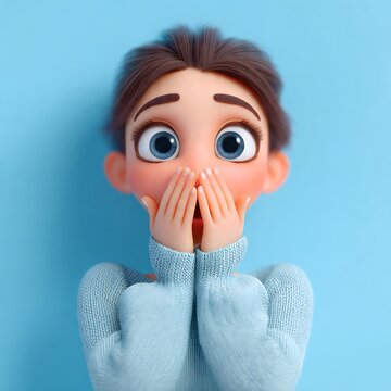 Shocked 3D animated woman covering her mouth in disbelief. Surprised girl avatar in a blue sweater on a light blue background.