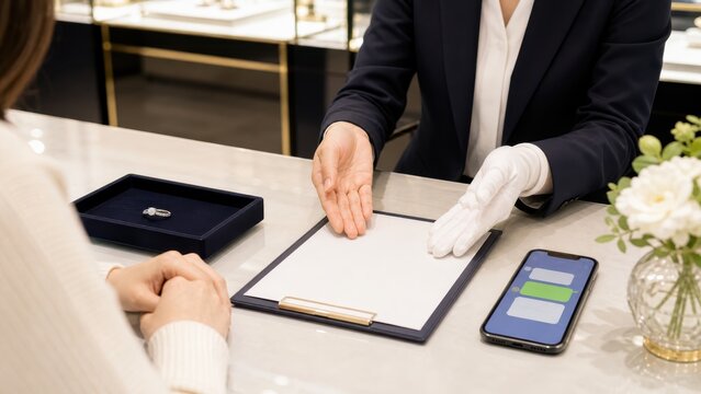 宝石査定カウンターでアプリ画面を確認する接客