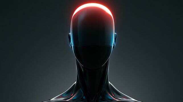 Sleek, featureless metallic head with glowing red top and blue accents