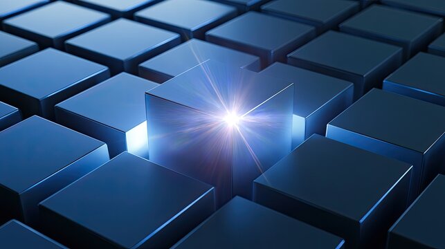 A solitary glowing cube radiates light amidst a grid of dark, metallic cubes