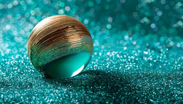 teal glass sphere with gold accents nestled on a bed of shimmering teal glitter