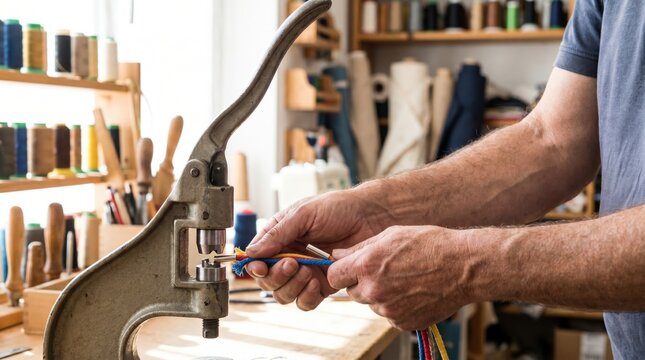 Worker using a manual hand press machine to crimp metal aglets onto the ends of colorful shoelaces