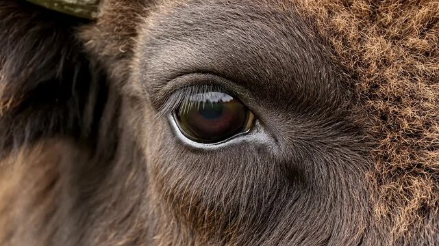 Close-Up Of A Bison Eye Blinking Slowly In Nature's Wild Elegance With Intricate Details Surrounded By Fur And Natural Background