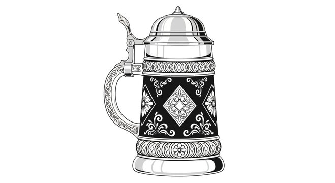 Ornate antique beer stein with detailed metal lid and decorative black body.