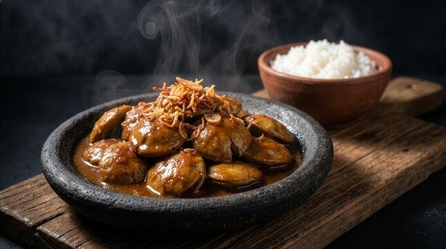 Steaming Indonesian Semur Jengkol with Crispy Fried Shallots and White Rice