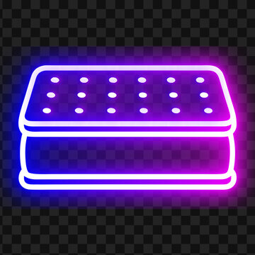 Neon glowing ice cream sandwich vector icon or mattress sign with purple light on transparent background