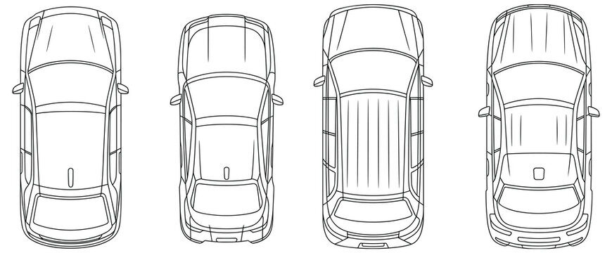 Top View Vehicles Line Drawings with Sedan, SUV and Pickup Truck Illustrations for Traffic Planning and Automotive Graphics