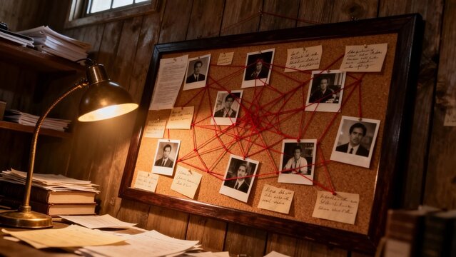 Detective's investigation board with red string connections