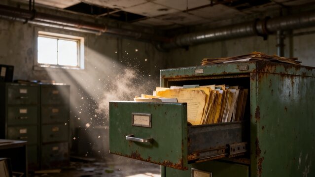 Rusty filing cabinet with dust motes in abandoned office