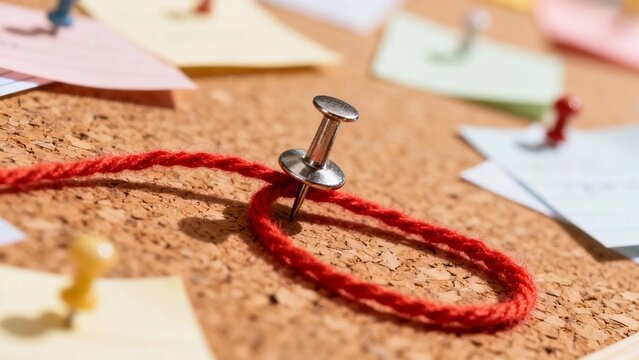 Corkboard with Red String and Pushpin for Task Organization