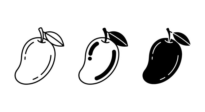Mango Icons Set: Simple Outline, Glossy, and Solid Black Vector Graphics for Tropical Fruit Designs
