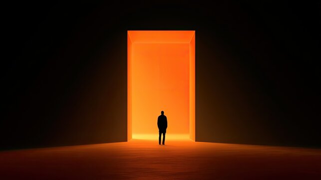 Lone figure enters glowing orange portal in vast, dark space