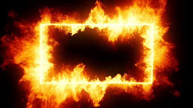 Slow motion static shot of burning rectangular frame of flames glowing against black background in studio loop for visual effect