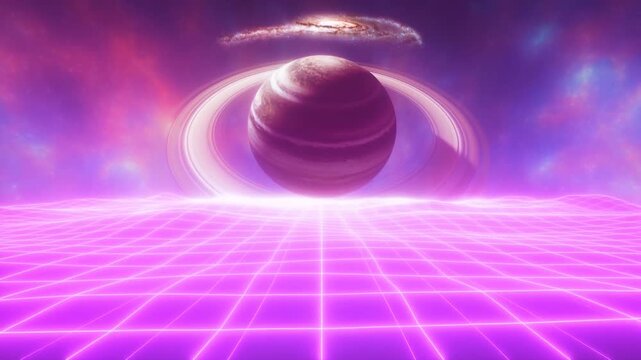 Tracking shot forward of ringed planet rising above neon grid lines over virtual vaporwave landscape in cosmic purple magenta sky