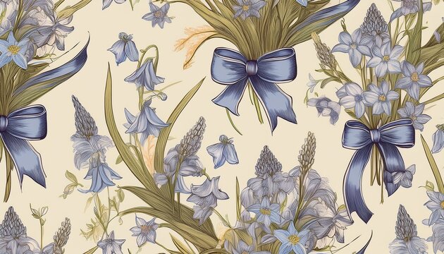 vintage seamless pattern with spring bluebells and coquette ribbons elegant floral bouquets wallpaper trendy background