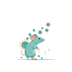 Obraz premium A blue mouse with a pink nose and ears stands near several green virus particles, indicating a scientific or health-related theme.