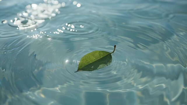 Green leaf floating calm blue water with gentle ripples sunlight reflection and green water ripple