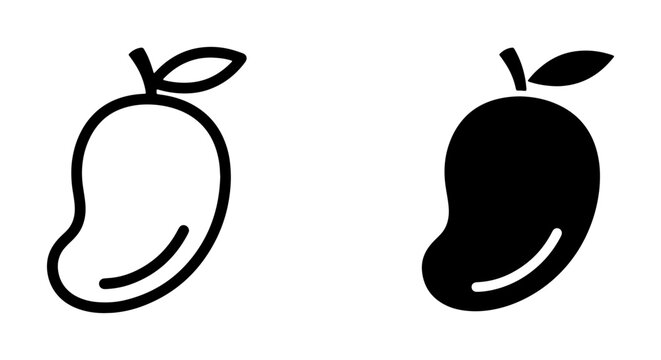 Mango Icons Set, Tropical Fruit Vector Graphics, Fresh Food Symbols, Simple Outline and Solid Fill Styles