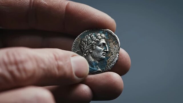 Hand holding an ancient silver Greek or Roman coin.