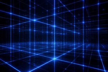 Obraz premium Blue grid of glowing lines forming expansive digital data space