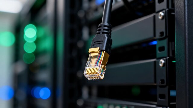 Network cable connector in server rack for IT infrastructure