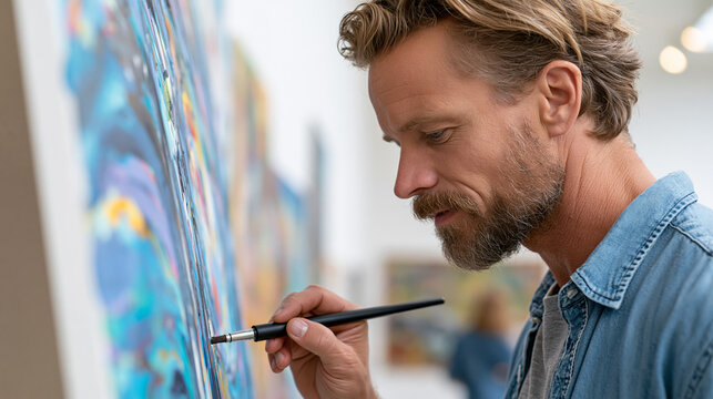 Anonymous guy carefully examining a painting at an art exhibition, genuine enjoyment of art and cultural appreciation concept, faceless, defocused gallery background, with copy