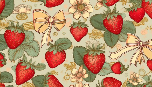 vintage summer seamless pattern with strawberries and bows coquette wallpaper with fruits and frames