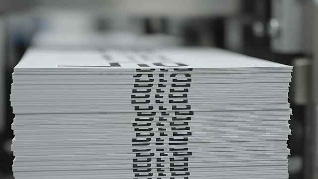 Stack of white paper sheets in professional printing machine.