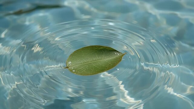 Green leaf floating calm water surface with gentle ripples and soft reflections, floating leaf