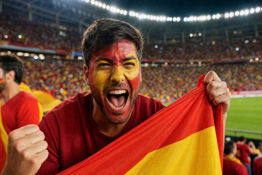 Passionate Football Fanatic: A devoted supporter, face painted with national colors, erupts in cheers, clutching a flag amidst a roaring stadium crowd, embodying the spirit of sporting enthusiasm.