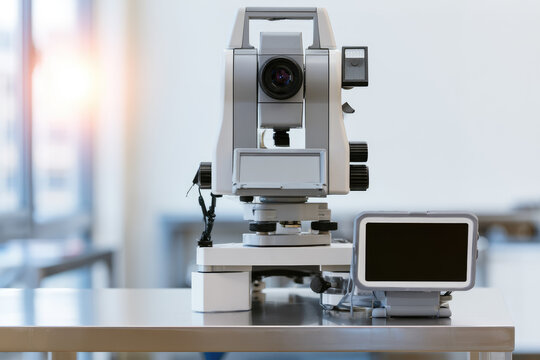 Surveying instrument total station tripod mount measuring tool laser device optical lens digital display stainless steel workbench laboratory survey measurement precision engineering construction