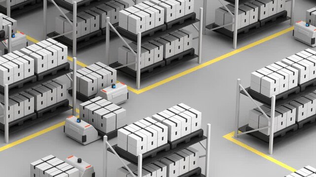 Animation of many autonomous pallet jacks moving between warehouse shelves and passing each other, 3d render